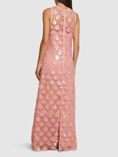 Back zip closure . Embellished with sequins. All over pattern placement may vary. Lined. Model is wearing a size36 Birger Christensen, Versace Brand, All Over Pattern, Pink Maxi Dress, Flat Espadrilles, Swim Accessories, Shearling Jacket, Sleeveless Maxi Dress, Ski Wear