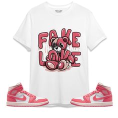 Fake Love Unisex Shirt Match Jordan 1 Mid Strawberries and Cream Made to match your sneakers! * SHOES NOT INCLUDED *  Regular fit Runs true to size, make sure you have checked the following size chart before buying. We do not support Return/Refund if you choose the wrong type, wrong size. 100% cotton Tracking information included! The screen on your device (computers, phone, and tablet, etc.) may display different colors and saturations from the actual garment. Also, the item colors may not be a Calm Fits, Sneaker Match Tees, Sneaker Tee, Jordan 1 High Og, Cartoon Painting, Matching Jordans, Fake Love, Sneakers Outfit, Jordan 1 Mid