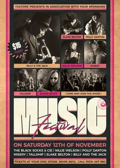 an event poster for the music festival, featuring various musicians and their names on it