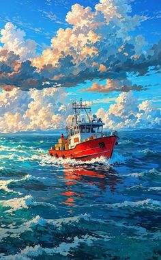 a painting of a red boat in the middle of the ocean with clouds above it