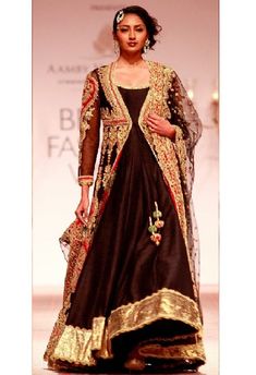 A black net jacket featuring gold zardosi and gota embroidery. It comes along with a black raw silk anarkali and a matching net dupatta. This style has a relaxed fit. - Aza Fashions Ritu Kumar Suits, Ritu Kumar Collection, Oh My Goddess, Ritu Kumar, Indian Couture, Lakme Fashion Week, Bridal Fashion Week, Indian Wedding Outfits, Indian Attire