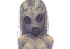 a drawing of a woman wearing a gas mask