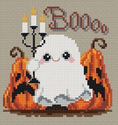 a cross stitch pattern with a ghost and pumpkins on it, saying booy