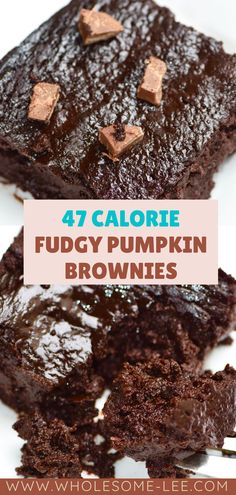 chocolate fudgey pumpkin brownies with text overlay that reads 47 calorie fudgey pumpkin brownies