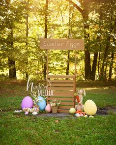 an easter egg hunt sign in the grass with eggs around it and some bunny figurines