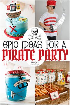 a collage of pirate party items including cake and cupcakes