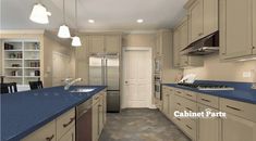 an image of a kitchen setting with blue counter tops and white cabinets on the walls