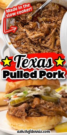 the texas pulled pork sandwich has been made in the slow cooker and is ready to be eaten