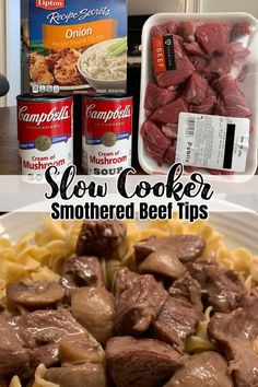 the ingredients for slow cooker beef and noodles are shown in this collage with text overlay