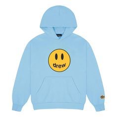 Drew House Mascot Hoodie 'Sky Blue' DR-2023-10 Drew House Hoodie Outfit, Drew Clothes, Blue Throwback Hooded Hoodie, Drew House Hoodie, Blue Cotton Hoodie For Playtime, Drew House, Sports Sneakers, Limited Edition Sneakers, Apparel Shop