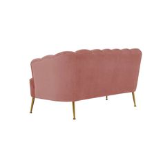 a pink velvet sofa with gold legs and scalloped back, viewed from the front