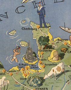 an illustrated map with people and animals on it