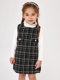 Black and White Preppy  Sleeveless Tweed Houndstooth Tank Embellished Non-Stretch Spring/Fall Toddler Girls Clothing Tank Sweater, Toddler Fall, Eid Dresses, Plus Size Fashion For Women, Tweed Dress, Toddler Girl Dresses, Toddler Girl Outfits