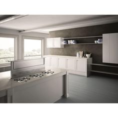 an empty kitchen with white cabinets and counter tops in front of a large open window