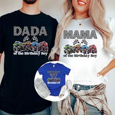 This Monster Truck Jam Party Birthday Boy Matching Family Mama, Dad, and Brother, Sister, Kids shirts make a perfect event tee. These  Big Truck tshirts make great Monster Truck Shows, Tours, Events, Races, and Jam apparel. FOR BACK PRINT UPGRADE LINK (IF YOU WANT NAME, AGE ON BACK OF SHIRT) https://www.etsy.com/listing/1579658914 FOR MATCHING COMFORT COLORS SHORT AND LONG SLEEVES: https://commoncode.etsy.com/listing/1711297465 FOR MORE MONSTER TRUCK FAMILY MATCHING DESIGNS: https://commoncode.e Blue Short Sleeve Tops For Birthday Gift, Family Matching Short Sleeve Tops For Birthday Gift, Monster Truck Birthday Outfit, Monster Jam Birthday Shirts Family, Monster Truck Shirt Vinyl, Monster Truck Shirt, Monster Truck Jam, Monster Truck Shirts For Boys, Monster Truck Show