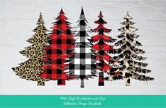 christmas trees with plaid and cheetah print on the front, in red and black