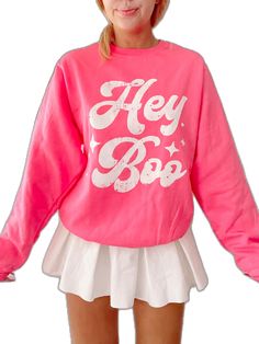 Cute Pink Fall Sweatshirt, Pink Halloween Sweatshirt For Streetwear, Pink Crew Neck Sweatshirt For Halloween, Pink Long Sleeve Halloween Sweatshirt, Pink Long Sleeve Sweatshirt For Halloween, Hey Boo Halloween, Sassy Shortcake, Hot Pink Sweatshirt, She Is Perfect