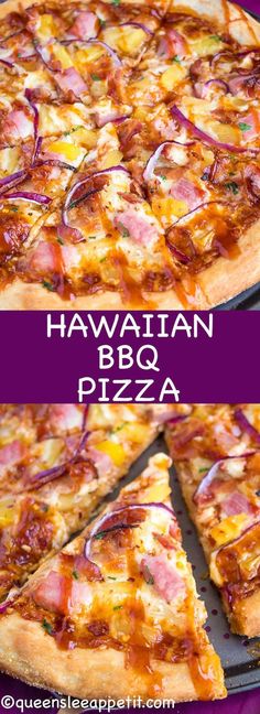 the hawaiian bbq pizza has been cut into slices