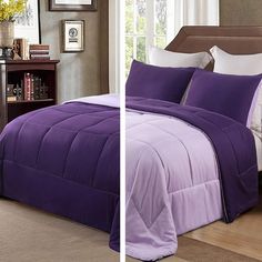 two pictures of a bed with purple comforter and pillows on top of it, one in front of the other