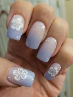 White Ombre Nails With Flowers, Short Square Hibiscus Nails, Ombre Hibiscus Flower Nails, Blue Hawaiian Flower Nails, Simple Hibiscus Nails, Hibiscus Flower Nails Short, Ems Nails, Blue Hibiscus Nails, Hawaii Flower Nails