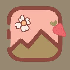 a pink and brown square with a flower on it's side, next to a strawberry