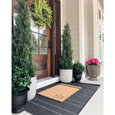 two potted plants are sitting on the front porch with a welcome mat next to them