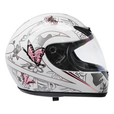 a white helmet with pink butterflies on it