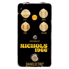 a black and yellow analog guitar pedal with four knobs