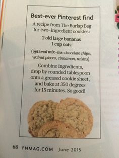 a recipe book with two cookies in it and instructions on how to bake them