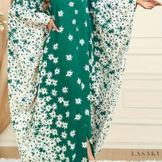 Lasaky - Womens Plus Size Kaftan Dress: A Sophisticated & Elegant Floral Print Batwing-Sleeved Maxi Jalabiya Dress with Round Neck & Split Hem Summer Maxi Dress With Dabka Embroidery, Summer Maxi Dress With Dabka Detail, Summer Maxi Length Dress With Dabka Detailing, Floral Print Vacation Dress For Eid, Long Floral Print Dresses For Eid, Floral Print Dress For Eid Vacation, Floral Print Beach Dress For Eid, Flowy Long Sleeve Eid Dresses, Flowy Long Sleeve Dress For Eid