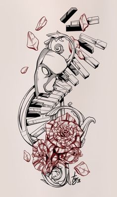 a drawing of a rose and piano keys