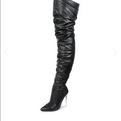 Black Faux Leather Thigh High Slough Boots, 5in Translucent Heels, Inside Zip Winter Party Knee-high Polyurethane Boots, Winter Party Knee-high Boots In Polyurethane, Black Faux Leather Knee-high Boots For Club, Edgy Faux Leather Knee-high Boots For Club, High Heel Polyurethane Knee-high Boots For Party, Sleek Over-the-knee Party Boots, Thigh High Faux Leather Heeled Boots For Evening, Thigh-high Faux Leather Heeled Boots For Evening, Black Thigh High Polyurethane Heeled Boots