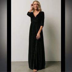 Nwt Sofia Velvet Maxi Dress Black Xs Sold Out!! Sold Out Color Surpluses V Neckline With Elastic Waist Band Maxi Length 40” And Elbow Length Sleeves Lined From Waist To Mid Thigh Bump And Nursing Friendly Elvira Vibe Baltic Born Sparkle Gown, Kimono Maxi Dress, Tulle Maxi Dress, Velvet Wrap Dress, Baltic Born, Velvet Maxi Dress, Velvet Maxi, Maxi Dress Black, Black Bridesmaid Dresses