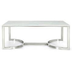 a white marble top coffee table with two metal bases