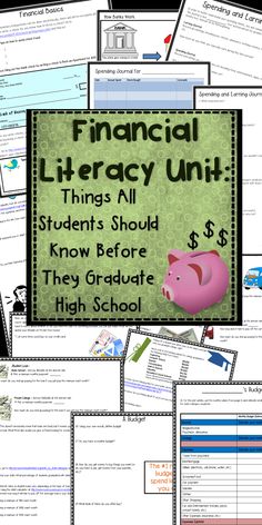 a pile of papers with the words financial library unit on them and pictures of piggy bank