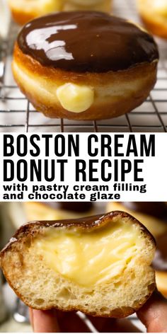 Boston cream donuts with pastry cream filling and chocolate ganache glaze on a metal cooling rack. Cream Donut Filling Recipe, Crispy Cream Donuts Recipe, Boston Cream Donut Recipe, Boston Cream Filling, Easy Chocolate Donut Recipe, Custard Donuts, Boston Cake, Ganache Glaze, Boston Cream Donut