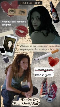 a collage of photos with words and pictures on them, including an image of a woman's face