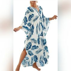 Plus Size Swim Coverup Dress Fits Us Size M, L, Xl, Xxl Bust:64.5" Length:55.5" The Exquisite And Vivid Pattern Is Breezy Easily And Flows Beautifully. Loose Fit And Comfortable To Wear The Versatile And Beautiful Beachwear Or Poolside Attire Makes You More Dazzling And Charming In The Crowd Wear As A Cover Up Over Linen Pants And A Pretty Bra/Tank, Swimsuit/Bikini, And Sandals For Beach/Pool/Resort/Cruise You Can Also Match It With A Belt Or Sash. It Will Become A Pretty Summer Dress For A Walk Luxury Long Beachwear Cover-up, Plus Size Swim Coverups, Sandals For Beach, Pretty Summer Dress, Pool Resort, Beach Caftan, Tank Swimsuit, Kaftan Dresses, Pretty Summer Dresses