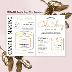 a candle making class flyer with gold foil on the front and back, surrounded by leaves