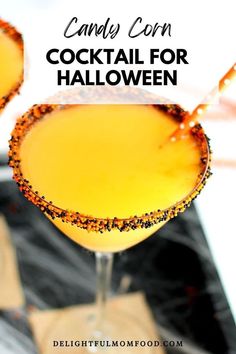 two glasses filled with candy corn cocktail for halloween