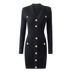 Color: Black, Size: L Black Dress With Gold Buttons, Balmain Black Dress, Psychobilly Fashion, Balmain Dress, Street Dress, Ribbed Mini Dress, Ribbed Dress, Knitted Bodycon Dress, Form Fitting Dress