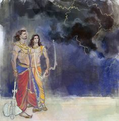 two men standing next to each other in front of a sky filled with clouds and lightning