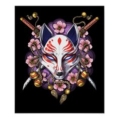 a japanese mask with two swords and flowers