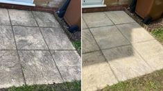 before and after photos of a concrete patio being cleaned