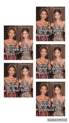 four different pictures of women in dresses and tiaras, with the words shopping queen on them