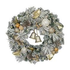 a christmas wreath with bells and pine cones