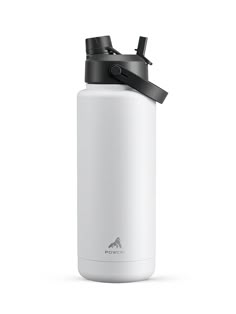 a white water bottle with a black lid