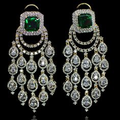 Opt for luxurious modernity! Extravagant chandelier earrings with glimmering CZ stones and an emerald/sapphire accent. Approximate earrings length is 3". Please click on the video for a detailed view of the product. Designed over a high quality brass as base metal. Nima Earrings (Emerald) is in-stock & ready-to-ship. Delivery time frame for Nima Earrings (Sapphire) is 5-7 weeks. For custom or urgent requests, please contact support@alacouture.com. *Please Note: We use faux stones and beads in al High Jewelry Design, Bridal Jewellery Inspiration, Diamond Chandelier Earrings, Diamond Earrings Design, Art Jewelry Design, Earrings Emerald, High Fashion Jewelry, Big Necklace, Diamond Necklace Designs