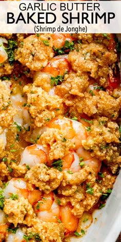 garlic butter baked shrimp in a white dish