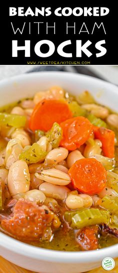 beans, carrots and celery in a white bowl with text overlay